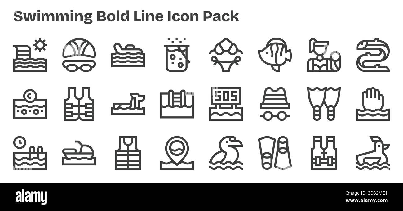 Professionnellement conçu 24 icônes dans le style Bold Outline, capturant l'essence de la natation pour la conception d'interface utilisateur. Illustration de Vecteur