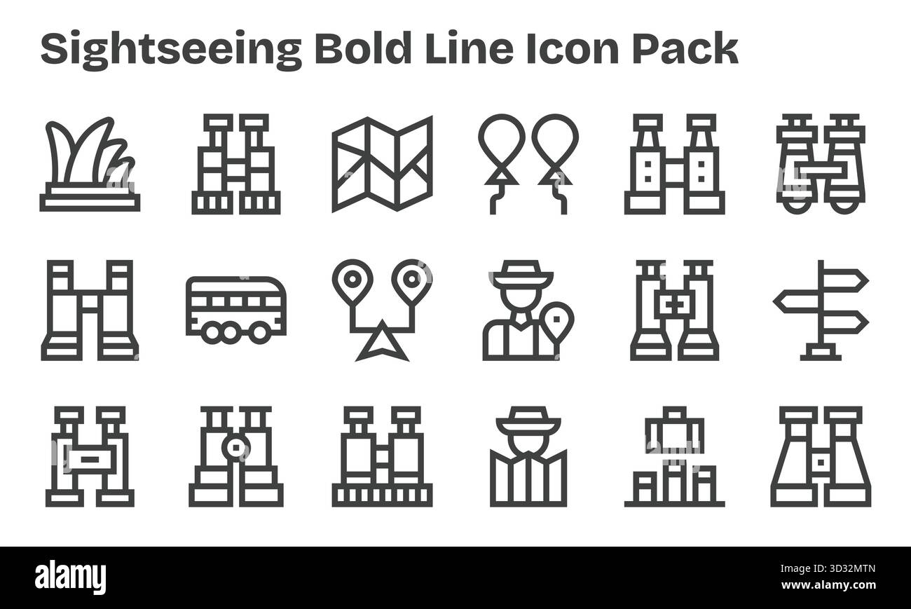 Découvrez un ensemble de 18 icônes Bold Line conçues pour le thème Sightseeing, idéales pour les projets UI/UX modernes. Illustration de Vecteur