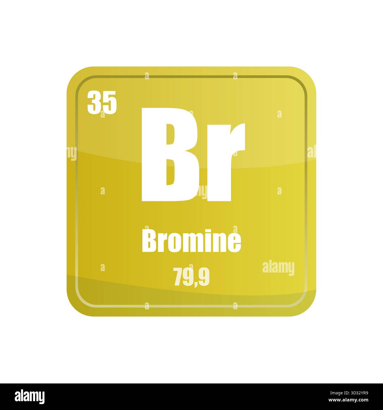 Carreau pour éléments chimiques au brome. Numéro atomique trente-cinq. Icône vecteur signe BR. Forme carrée jaune vert. Illustration de Vecteur