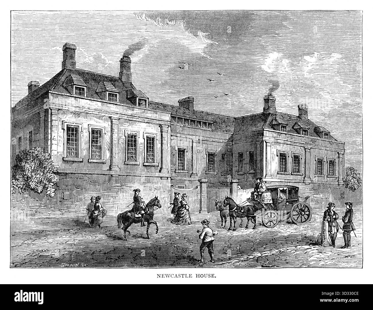 Une gravure du XIXe siècle de l'extérieur de Newcastle House, un manoir important situé au 66-67 Lincoln's Inn Fields, Londres, il avait précédemment appartenu aux ducs de Newcastle et a été divisé en deux propriétés quelque temps dans les années 1770 Pendant la majeure partie du XIXe siècle, la moitié de la propriété était les bureaux du Solicitor Farrer & Co. Banque D'Images