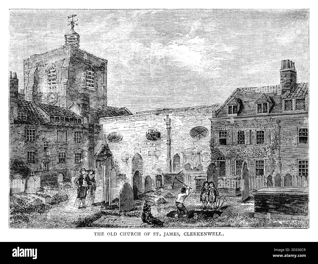 Gravure du XIXe siècle de l'extérieur de l'ancienne église de St.James, Clerkenwell. L'église d'origine a un clocher qui s'est effondré au 17ème siècle. Il a été remplacé et s'est effondré à nouveau laissant la tour de l'horloge carrée montrée dans cette gravure. Banque D'Images