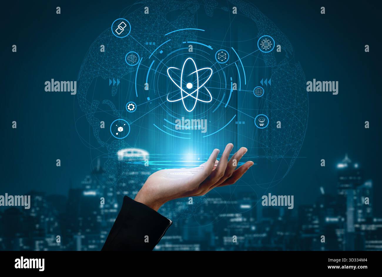 L’écosystème de la technologie quantique comme cœur des innovations futures. La science quantique alimentera les avancées en IA, blockchain et robotique. Motif Banque D'Images