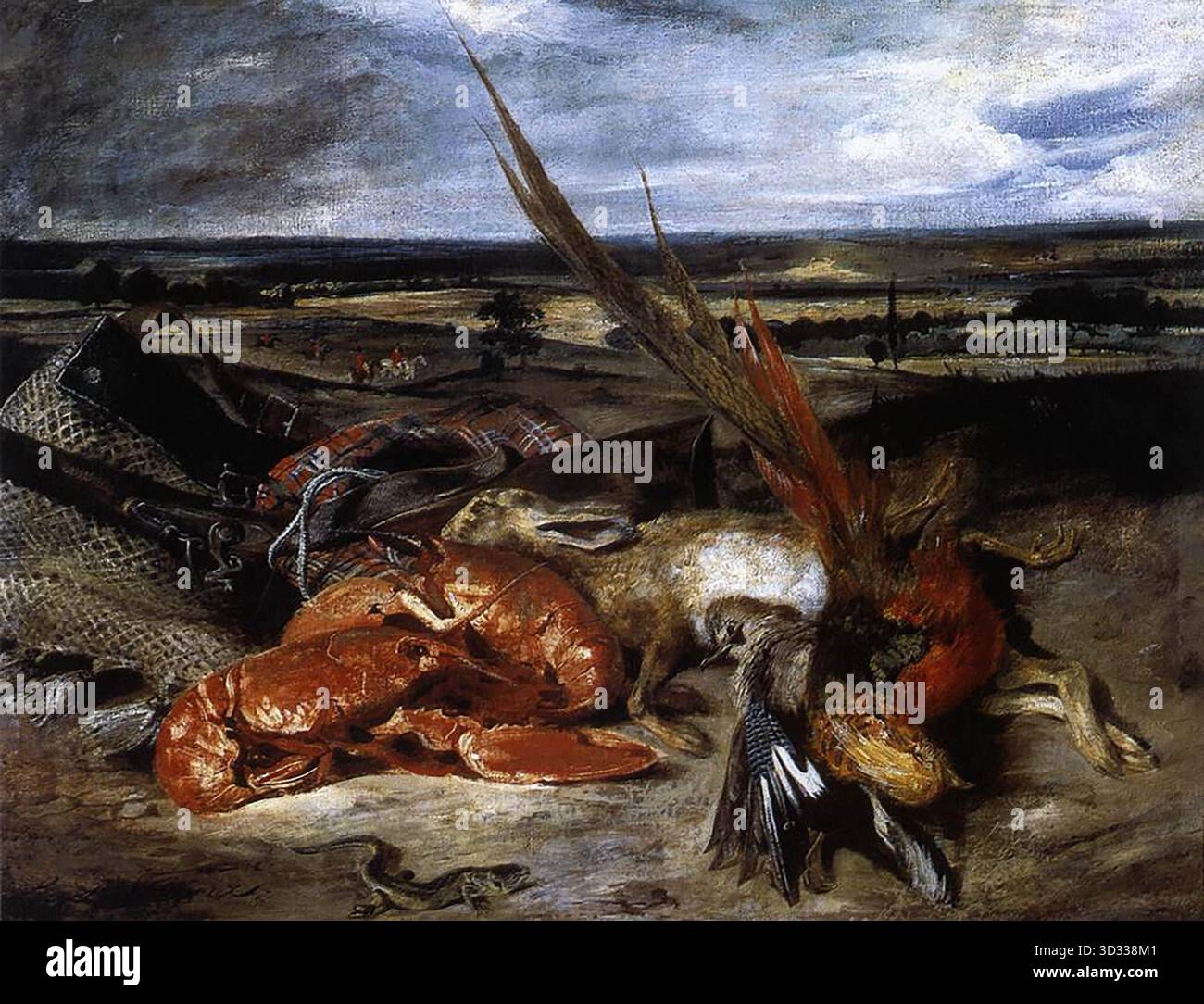 DELACROIX, EUG?ne (né en 1798, Charenton-Saint-Maurice, mort en 1863, Paris) nature morte au homard 1826-27 huile sur toile, 80,5 x 106,5 cm Mus?e du Louvre, Paris ce tableau, peint à Beffes pour le général Coetlosquet, fait partie de la splendide collection d'œuvres que Delacroix envoie au salon de 1827, et qui comprend la mort de Sardanapale ainsi que d'autres parmi ses plus beaux tableaux. Le 28 septembre 1827, Delacroix écrit à son ami Soulier : « J'ai terminé la photo d'animal du général, et j'ai déterré pour elle un cadre rococo, que j'ai fait reculer et qui fera pour elle spl Banque D'Images