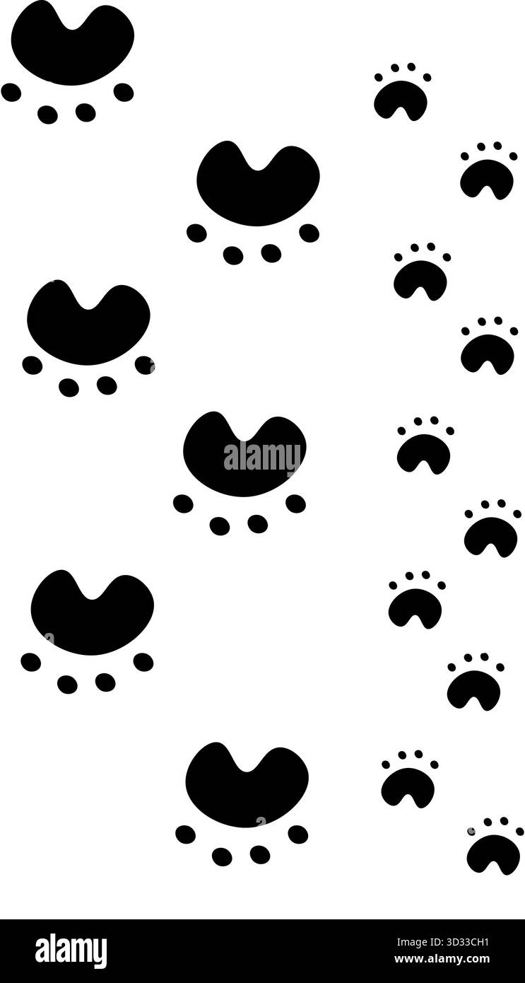 Traces d'animaux, grands et petits, allant dans des directions opposées. Traces d'animaux noirs sur fond blanc. Motif. Banque D'Images