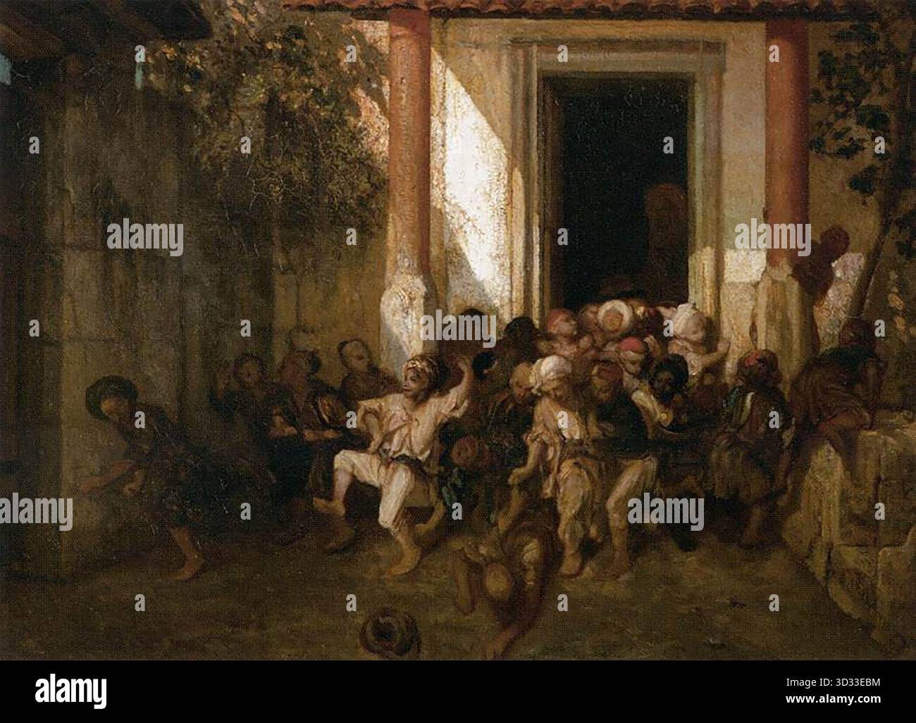 DECAMPS, Alexandre Gabriel (né en 1803, Paris, mort en 1860, Fontainebleau) garçons turcs sortir de l'école c. 1841 huile sur toile, 66 x 189 cm Mus?e du Louvre, Paris lors de ses voyages en Grèce et en Turquie de 1827 à 1830, et en Italie en 1839, Decamps réalise un grand nombre d'études et de croquis qu'il utilisera plus tard tout au long de sa carrière. Il s’affirme comme peintre orientalisateur au salon de 1831. Le public appréciait le caractère anecdotique de ses scènes orientales, ses thèmes agréables de la vie quotidienne. --- mots-clés : ------------- Auteur : DECAMPS, Alexandre Gabriel titre : turc Banque D'Images