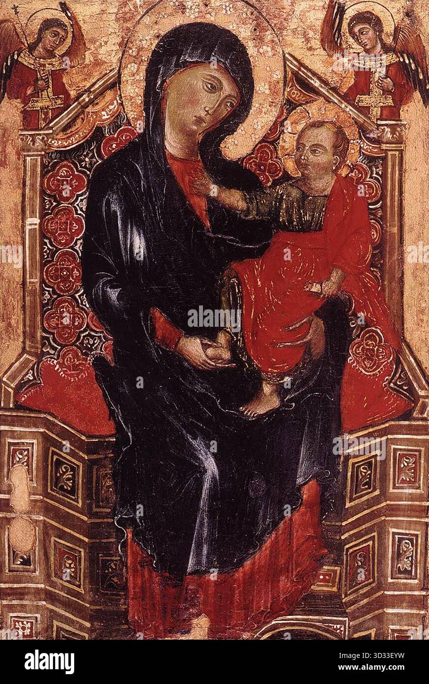 DEODATO di ORLANDI (documenté en 1284-1315 à Lucques) Vierge et enfant intronisé entre deux Archanges des années 1290 Tempera sur bois, 31 x 21 cm Lindenau-Museum, Altenburg ce panneau montre l'influence grecque ou byzantine sur la peinture siennoise à cette époque. --- mots-clés : ------------- Auteur : DEODATO di ORLANDI titre : Vierge et enfant intronisé entre deux Archanges chronologie : 1251-1300 École : italienne forme : peinture type : religieux Banque D'Images