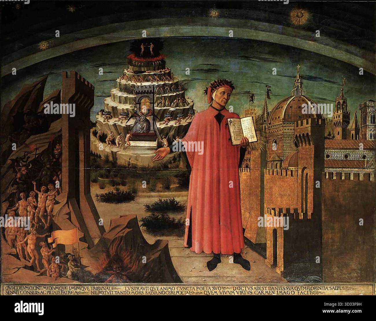 DOMENICO di MICHELINO (né en 1417, Florence, mort en 1491, Florence) Dante et les trois Royaumes 1465 huile sur toile Museo dell'Opera del Duomo, Florence L'artiste s'est nommé d'après son maître, un certain Michelino. Il a eu sa formation de peintre sous Fra Angelico dont il est également devenu l'assistant. Son style est similaire à celui de Filippo Lippi et Pesellino. Dans ce tableau, les trois royaumes sont représentés : le Purgatoire au centre en arrière-plan, l'enfer à gauche et la Cité céleste à droite. Ce tableau est particulièrement intéressant car il nous montre, en dehors des scènes de la Divine Comédie, un v Banque D'Images