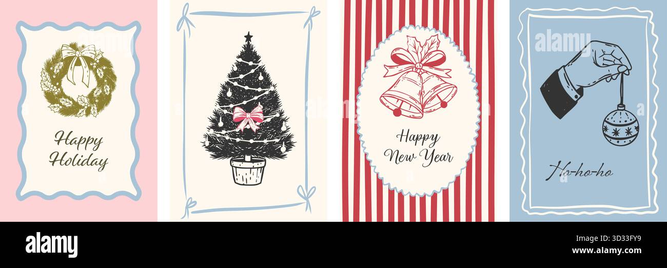 Cartes fantaisistes de Noël et de nouvel an dessinées à la main. Affiches de croquis d'encre avec couronne, arbre de vacances, cloches. Style coquette rétro Illustration de Vecteur