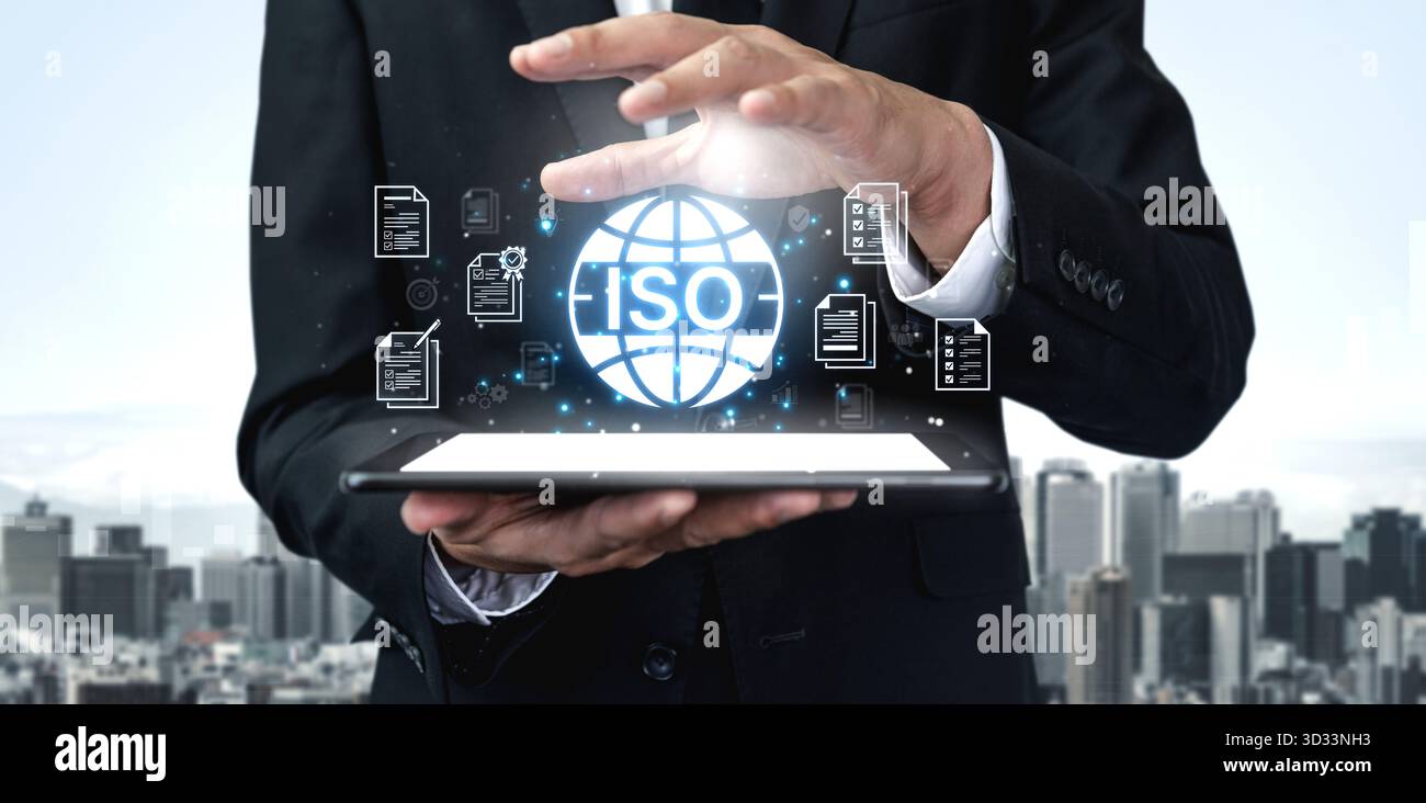 Concept de certification ISO pour la gestion de la qualité des entreprises. Cette norme internationale garantit la conformité, le contrôle des processus et l'assurance pour Banque D'Images