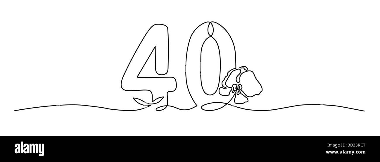 Dessin en ligne continue modifiable du numéro 40 et fleur d'orchidée Illustration de Vecteur