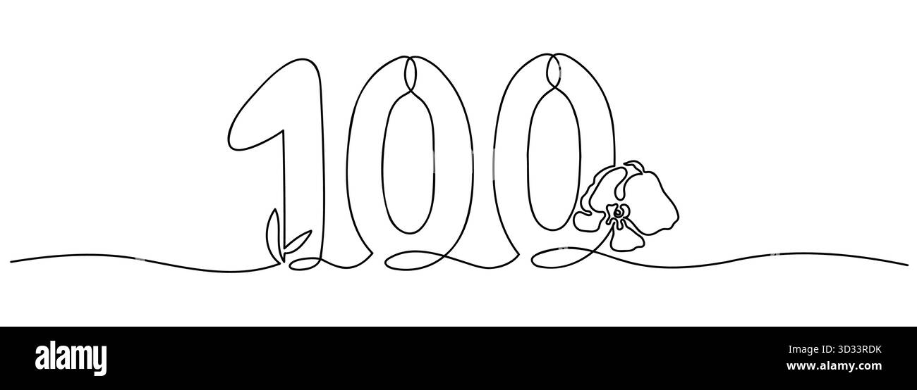 Numéro modifiable 100 en dessin de ligne continue avec orchidée dans le style monoline Illustration de Vecteur
