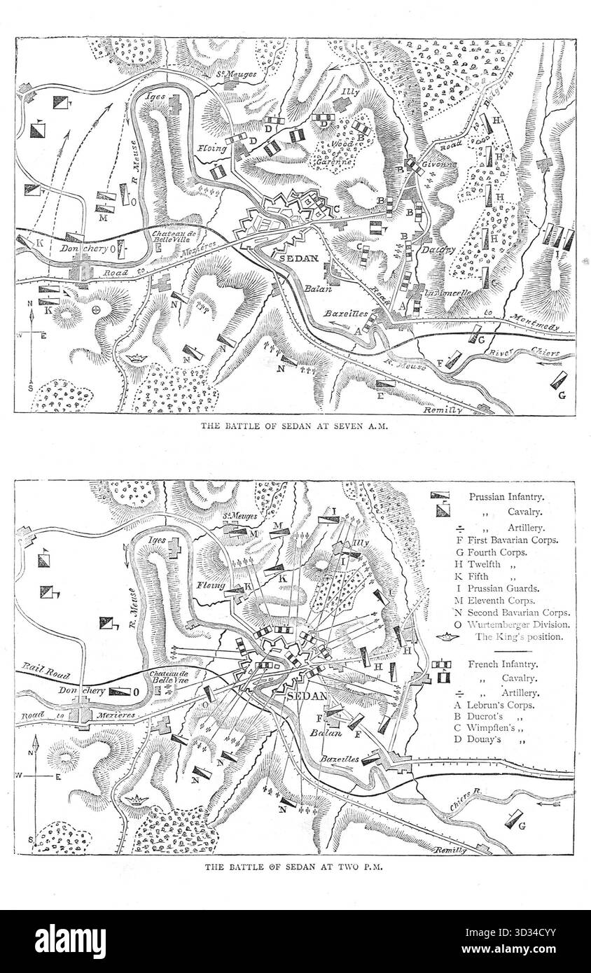 Cartes montrant les positions françaises et prussiennes à la bataille de Sedan du 1er au 2 septembre 1870 pendant la guerre franco-prussienne Banque D'Images