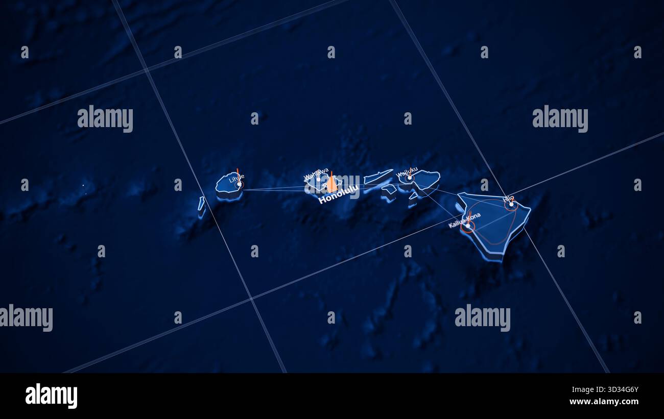 Visualisation des données volumineuses cartographiques Honolulu. Infographie de carte futuriste de la ville aux Etats-Unis. Complexité visuelle des données cartographiques dans les couleurs modernes bleu et orange Banque D'Images