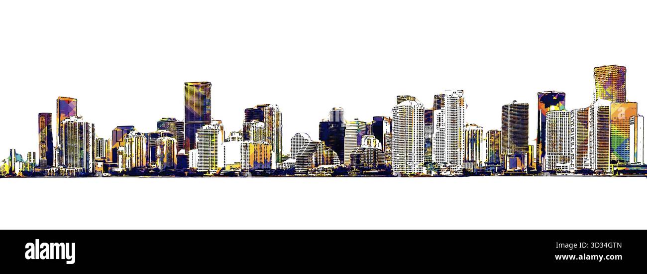 Illustration pop art de Miami Downtown skyline sur fond blanc Banque D'Images