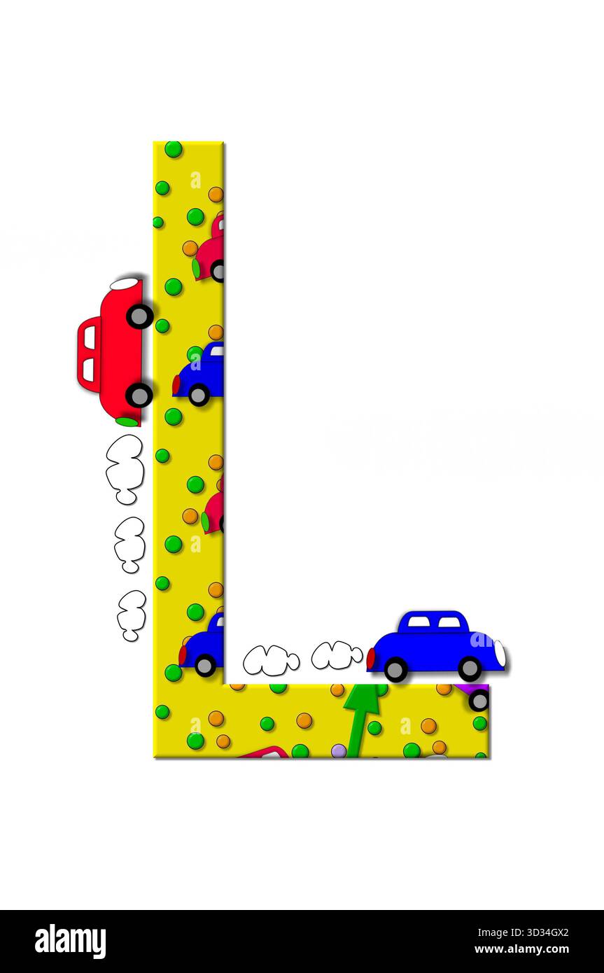 L dans l'ensemble alphabet, pulvérisation automobile, est jaune avec des pois. Les automobiles circulent autour de la lettre et les gaz d'échappement les suivent. Banque D'Images