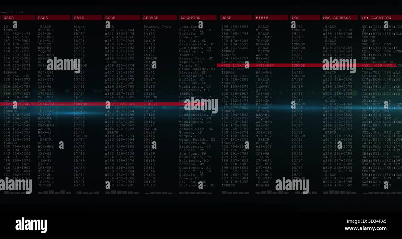Affichage de l'interface de terminal d'ordinateur sombre sur l'écran numérique, mettant en évidence les lignes rouges avec une lueur bleue Banque D'Images
