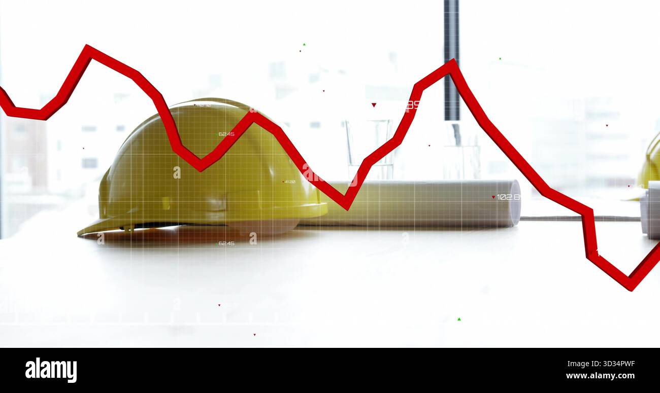 Casque de construction jaune reposant sur le bureau dans le bureau par grande fenêtre, avec superposition graphique de ligne rouge Banque D'Images