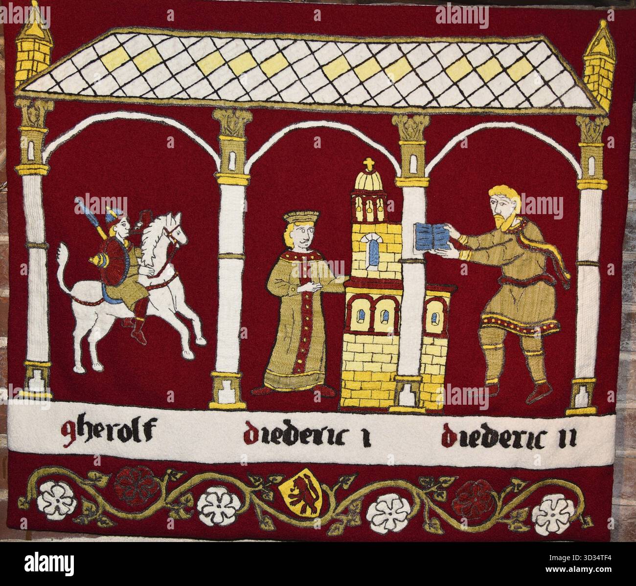 Une vieille tapisserie représentant des chevaliers au château Radboud à Medemblik. Banque D'Images