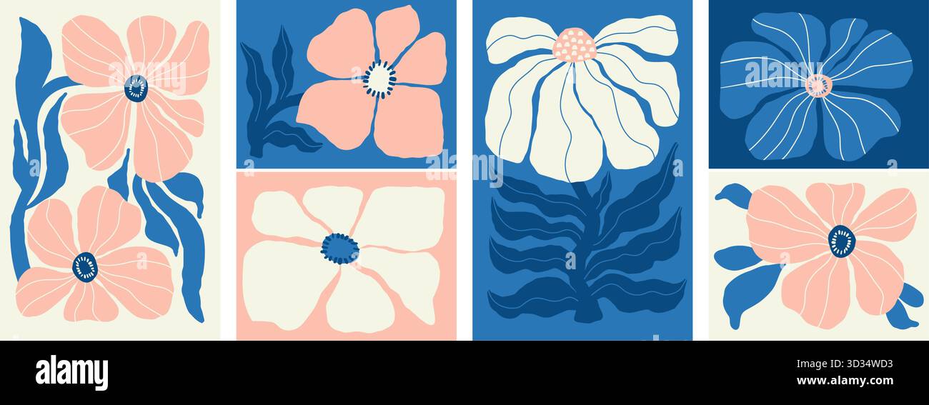 Ensemble d'art folklorique fleuri abstrait groovy. Affiches contemporaines en bleu et rose. Formes Doodle dessinées à la main organiques dans la tendance naïve rétro hippie 60s 70 Illustration de Vecteur