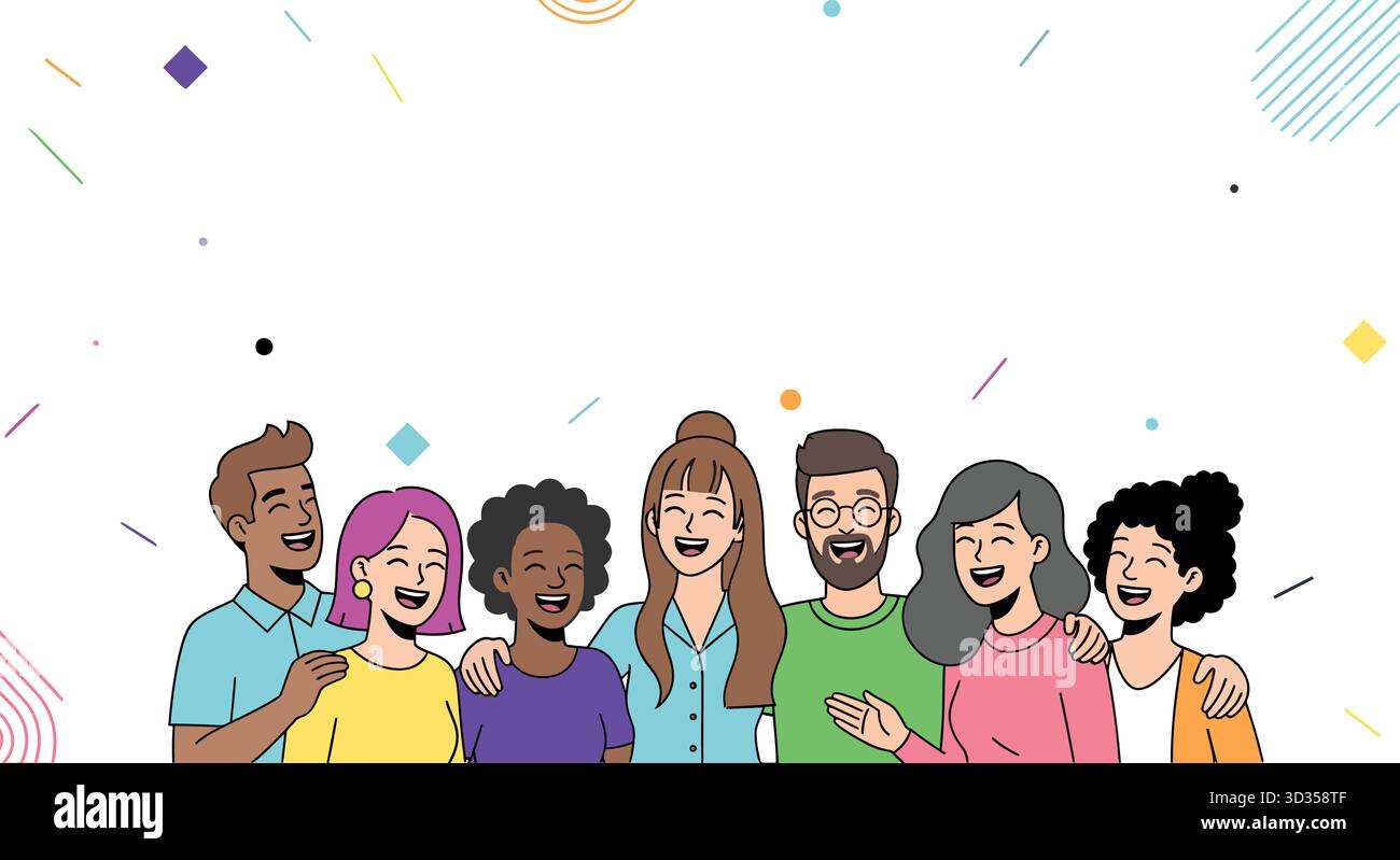 Divers personnages de dessin animé souriant avec illustration abstraite colorée de fond Illustration de Vecteur