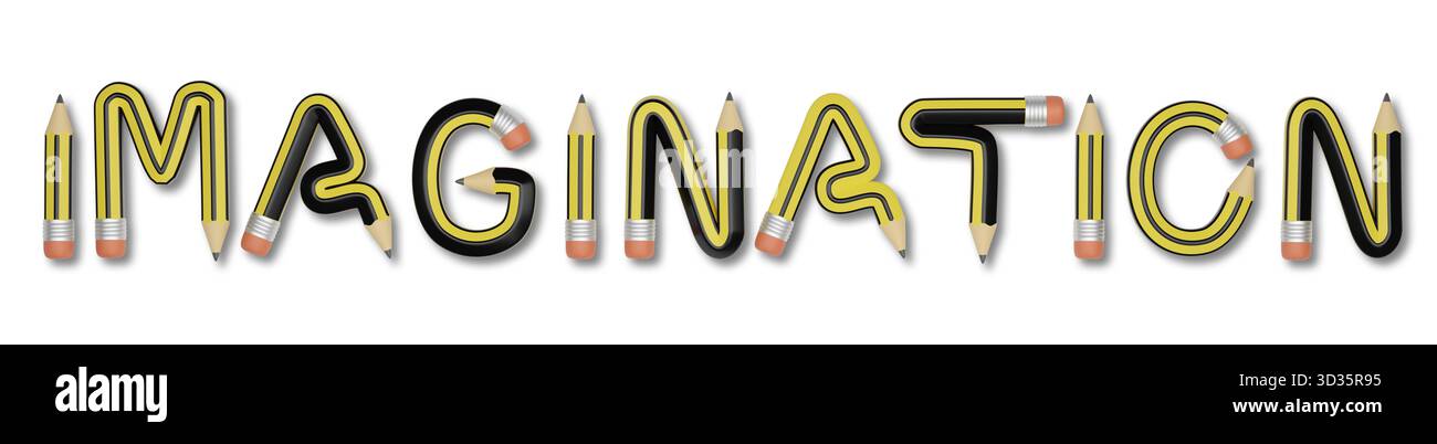 Le mot « imagination » écrit avec des crayons isolés sur fond blanc. Illustration 3D. Banque D'Images