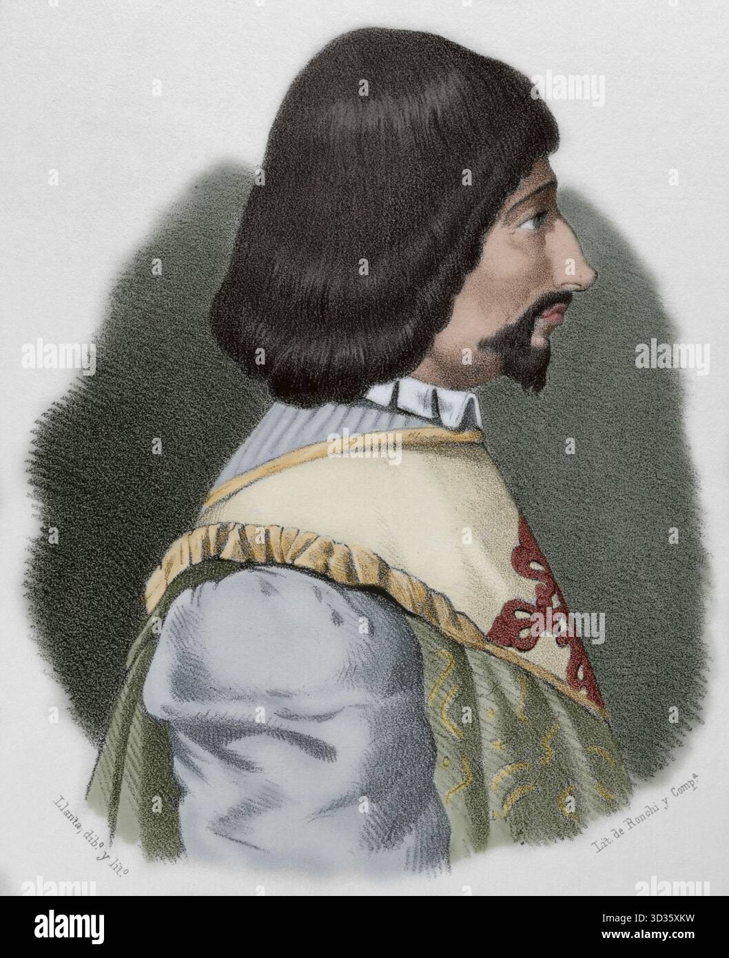 Enrique de Villena (Henry de Villeine) (vers 1384-1434). Noble castillan. Connétable de Castille, maître de l'ordre de Calatrava, écrivain et traducteur littéraire. Portrait. Dessin de Llanta. Lithographie. Coloration ultérieure. Cronica General de Espana, Historia Ilustrada y Descriptiva de sus Provincias. Castilla-la Nueva, 1869. Banque D'Images