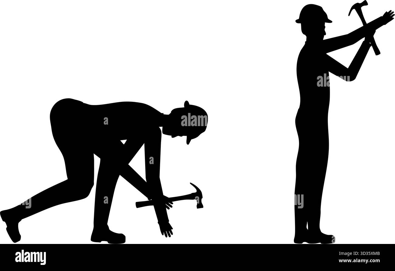 Silhouette de l'homme travaillant avec le marteau, activité de construction de bâtiment Illustration de Vecteur
