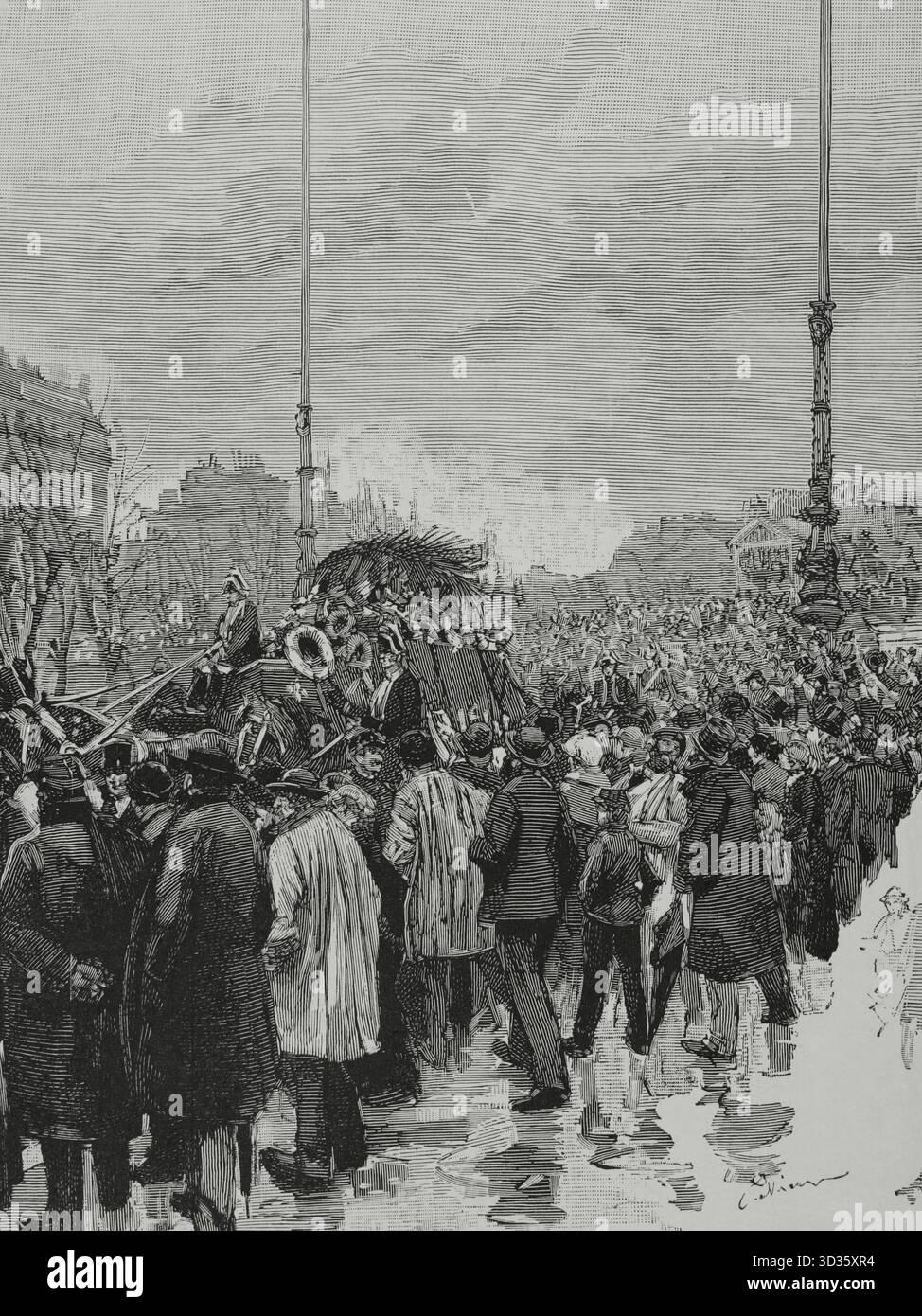Léon Gambetta (1838-1882) Homme d'État français, l'un des fondateurs de la IIIe République. Funérailles de Gambetta à Paris, le 6 janvier 1883. Passage du cortège funèbre sur la place de la République, lors du déménagement des dépouilles mortelles du Palais Bourbon au cimetière du Père Lachaise. Dessin de Pellicer. Gravure par Rico. La Ilustracion Espanola y Americana (illustration espagnole et américaine), 1883. Banque D'Images