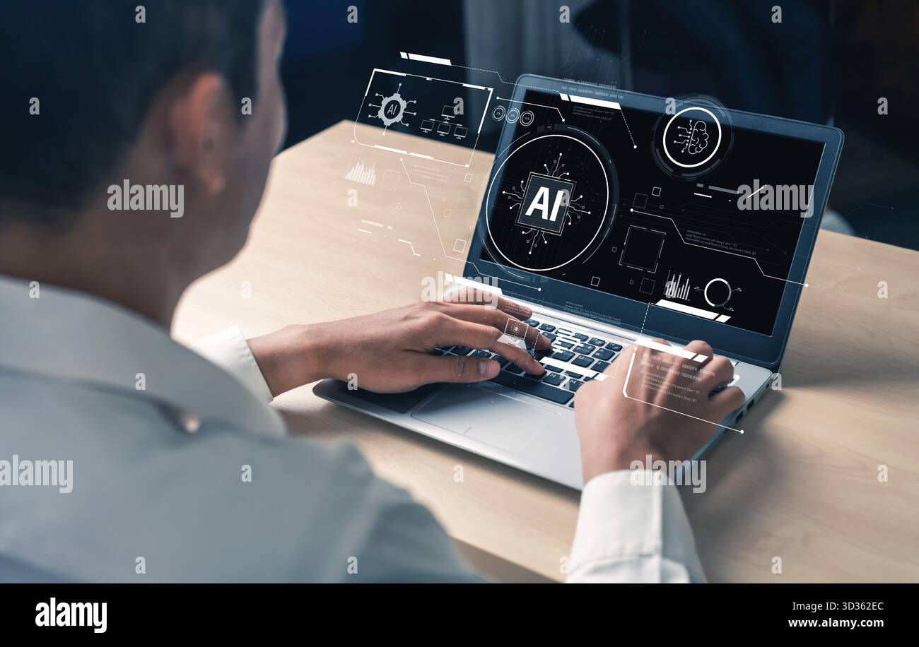 Interface IA montrant comment l'intelligence artificielle alimente les systèmes. IA L'intelligence artificielle transforme les données, permet l'automatisation et l'IA artificielle Banque D'Images