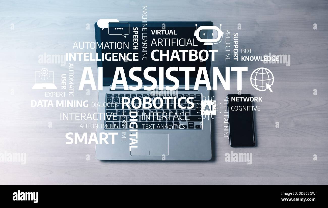 Un espace de travail contemporain avec un ordinateur portable et un smartphone, entouré de mots-clés liés à l’IA, à l’automatisation et aux technologies numériques, incarnant Banque D'Images