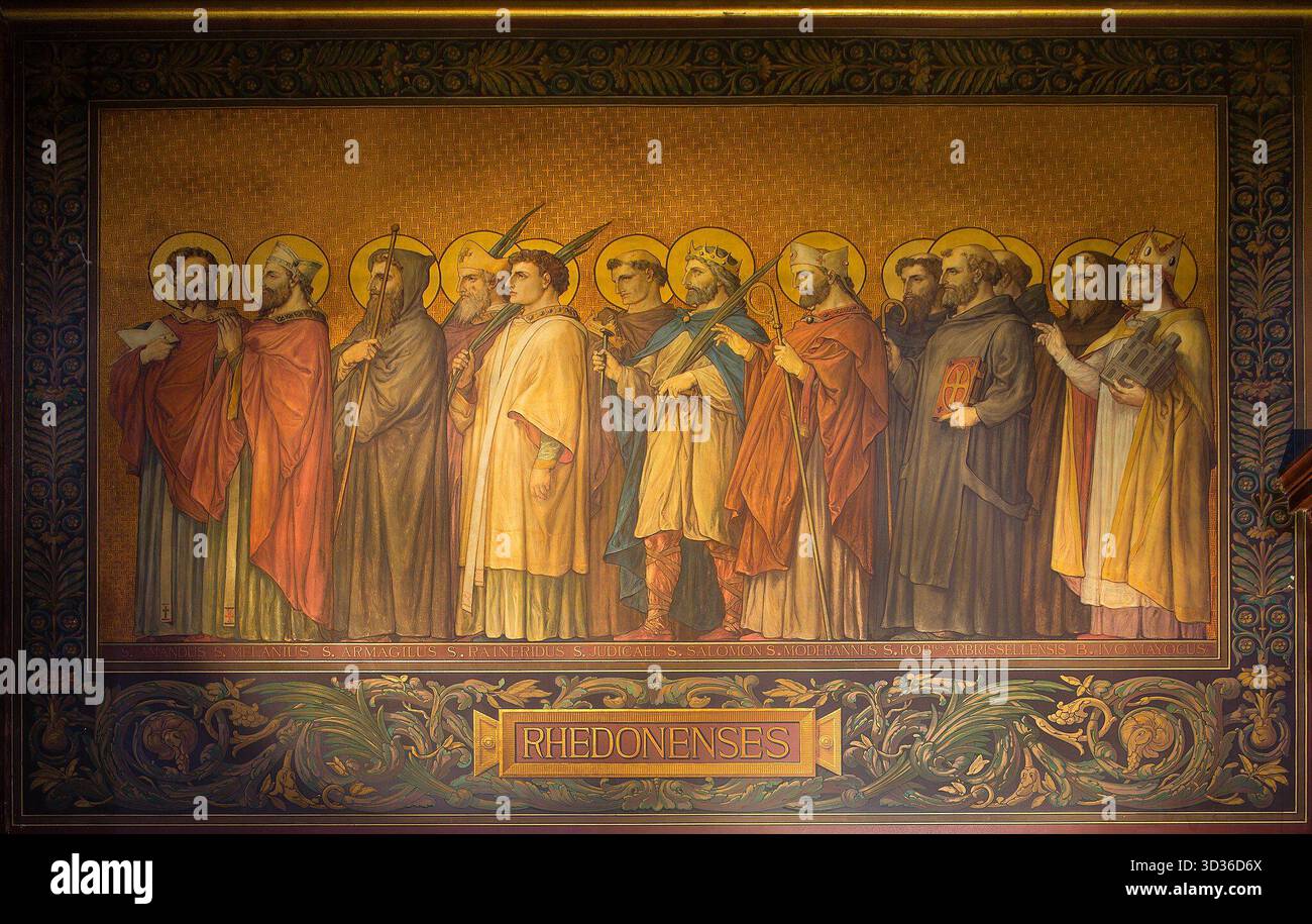 Œuvre d'art historique intitulée procession des saints de Bretagne (procession des saints de Bretagne) par Alphonse Hénaff, représentant des saints associés au diocèse de Rennes, en France. Situé dans la cathédrale de Rennes. Banque D'Images