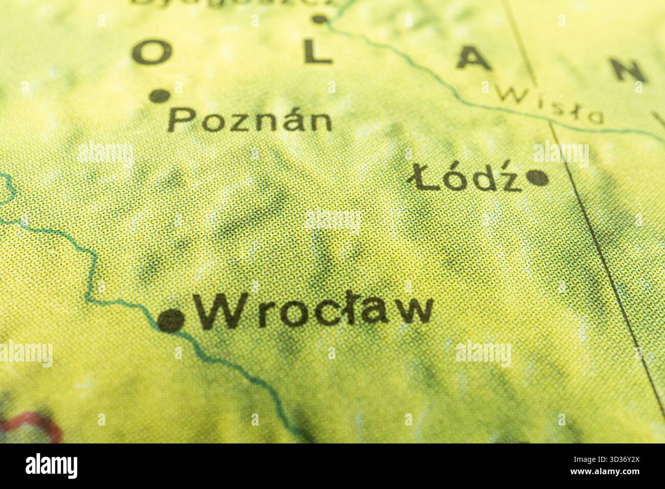 Gros plan de la section de la carte de la Pologne, mettant en évidence Wrocaw et Lodz la ville de Wrocaw est près d'une rivière caractéristiques géographiques sont différenciées à l'aide de couleurs Banque D'Images