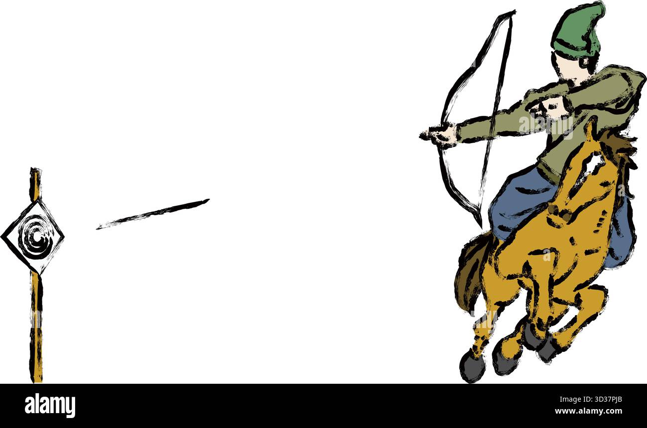 Illustration vectorielle de style lavage à l'encre représentant un guerrier tirant des flèches d'un cheval galopant lors d'un tir à l'arc de yabusame Illustration de Vecteur