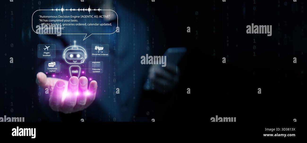 Un chatbot assistant IA agentique actif dans une main d'homme avec smartphone prend des décisions autonomes et accomplit des tâches par lui-même. Automatisation, machine lea Banque D'Images