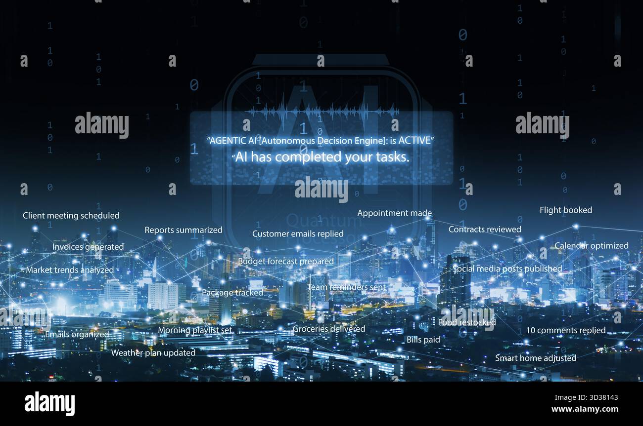 Agentic ai au-dessus de la ville utilise un réseau autonome pour décider et accomplir des tâches et prendre des décisions intelligentes pour tout le monde. Automatisation artificielle i Banque D'Images