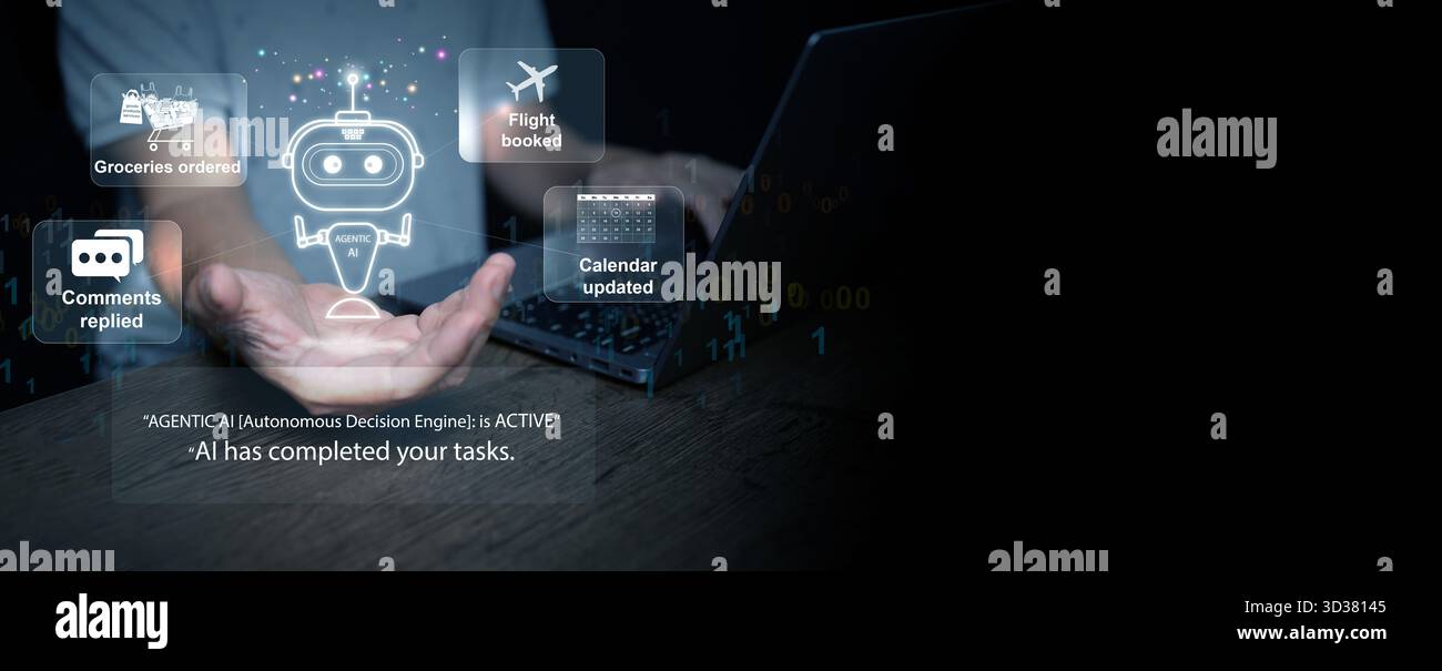 Concept d'automatisation IA Agentic. Un chatbot dans une main d'homme prend des décisions et accomplit des tâches en ayant lui-même réservé un vol, et l'épicerie commandée. Artifi Banque D'Images