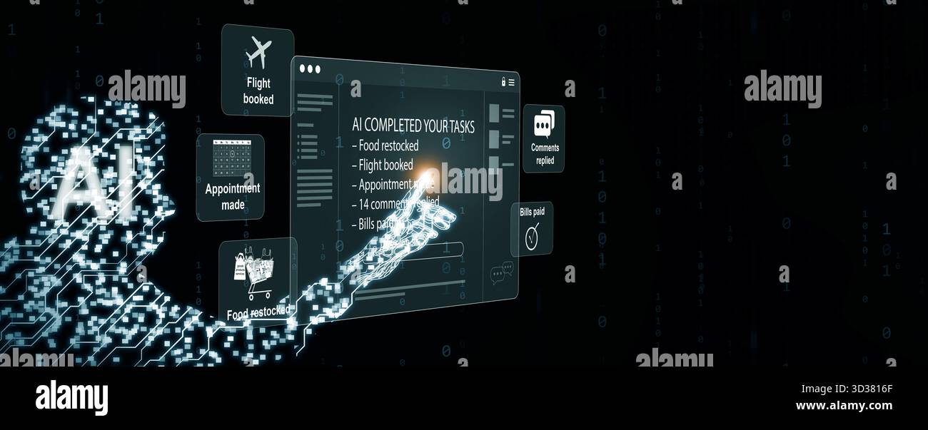 Agentic ai accomplissant des tâches humaines automatiquement via une interface numérique et un code binaire. Parfait pour l'automatisation, assistant intelligent, transforma numérique Banque D'Images