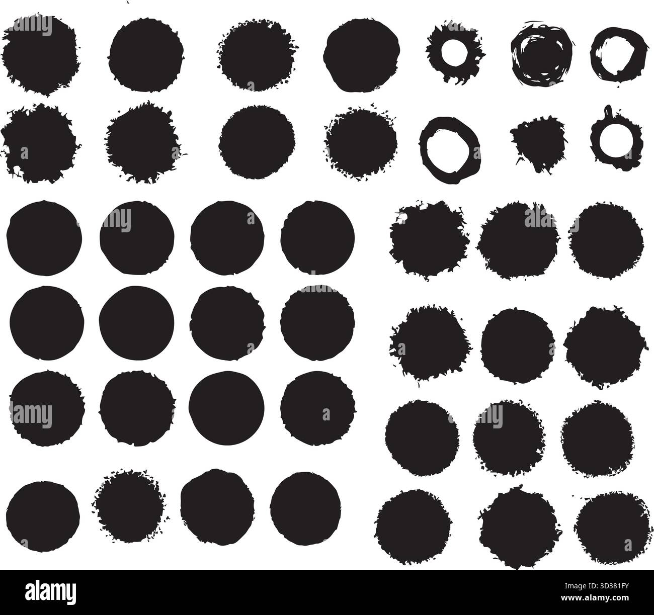 Ensō Zen Circle & Brushstroke Vector Pack : cercles d'encre noire grungy dessinés à la main, formes libres et symboles de soleil japonais pour Punk et d'inspiration asiatique Illustration de Vecteur