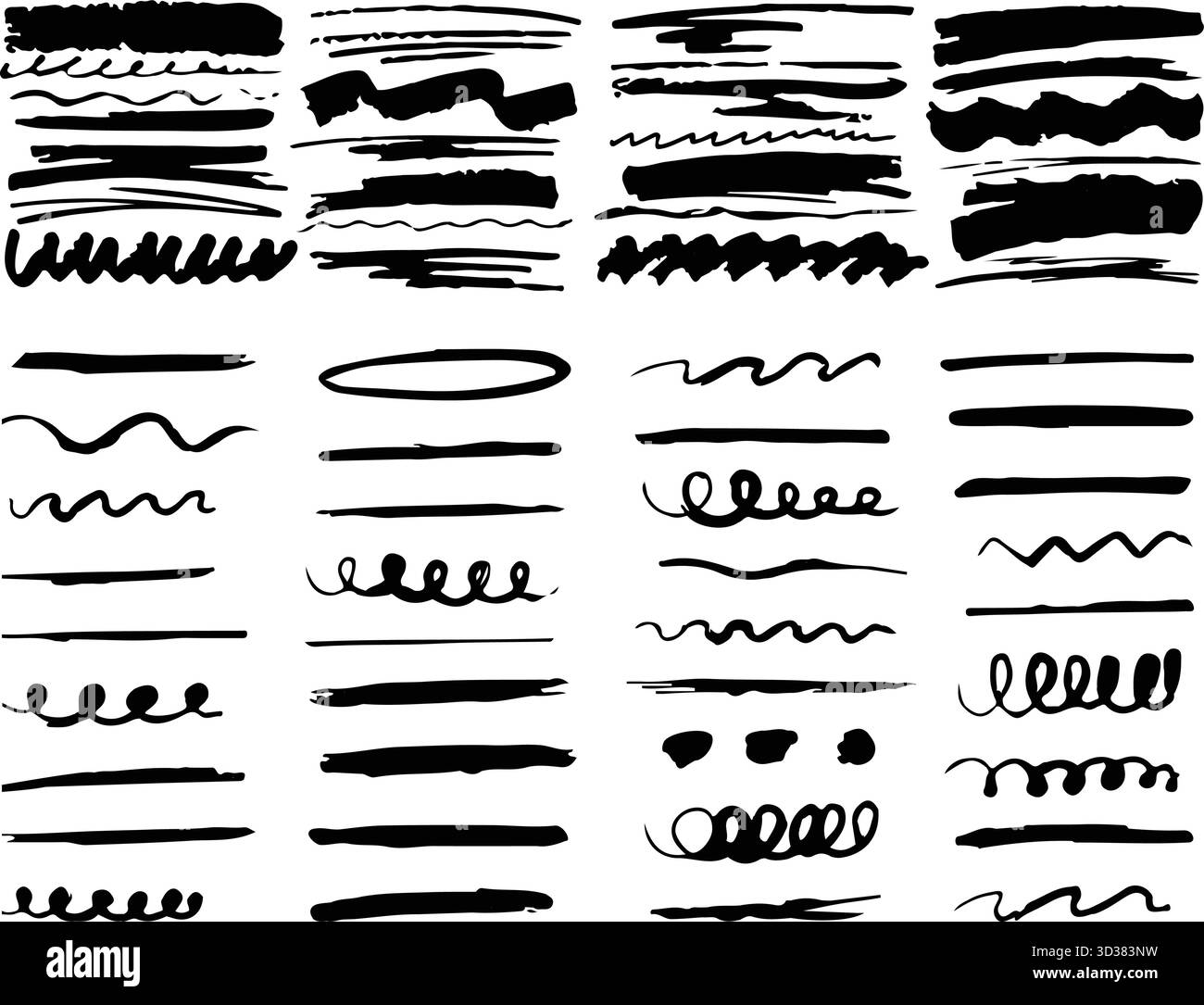 Collection de textures dessinées à la main : traits au crayon et au crayon, lignes de croquis à la craie, soulignements au charbon pastel granuleux et tracés de marqueur de peinture noire Illustration de Vecteur