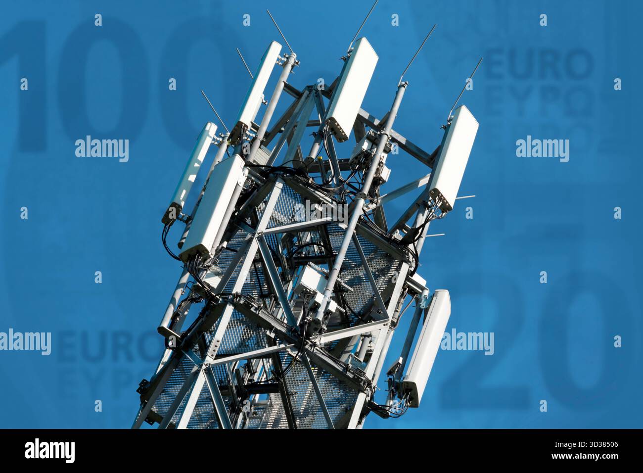 Mât de téléphone portable moderne avec des billets en euros en arrière-plan Banque D'Images