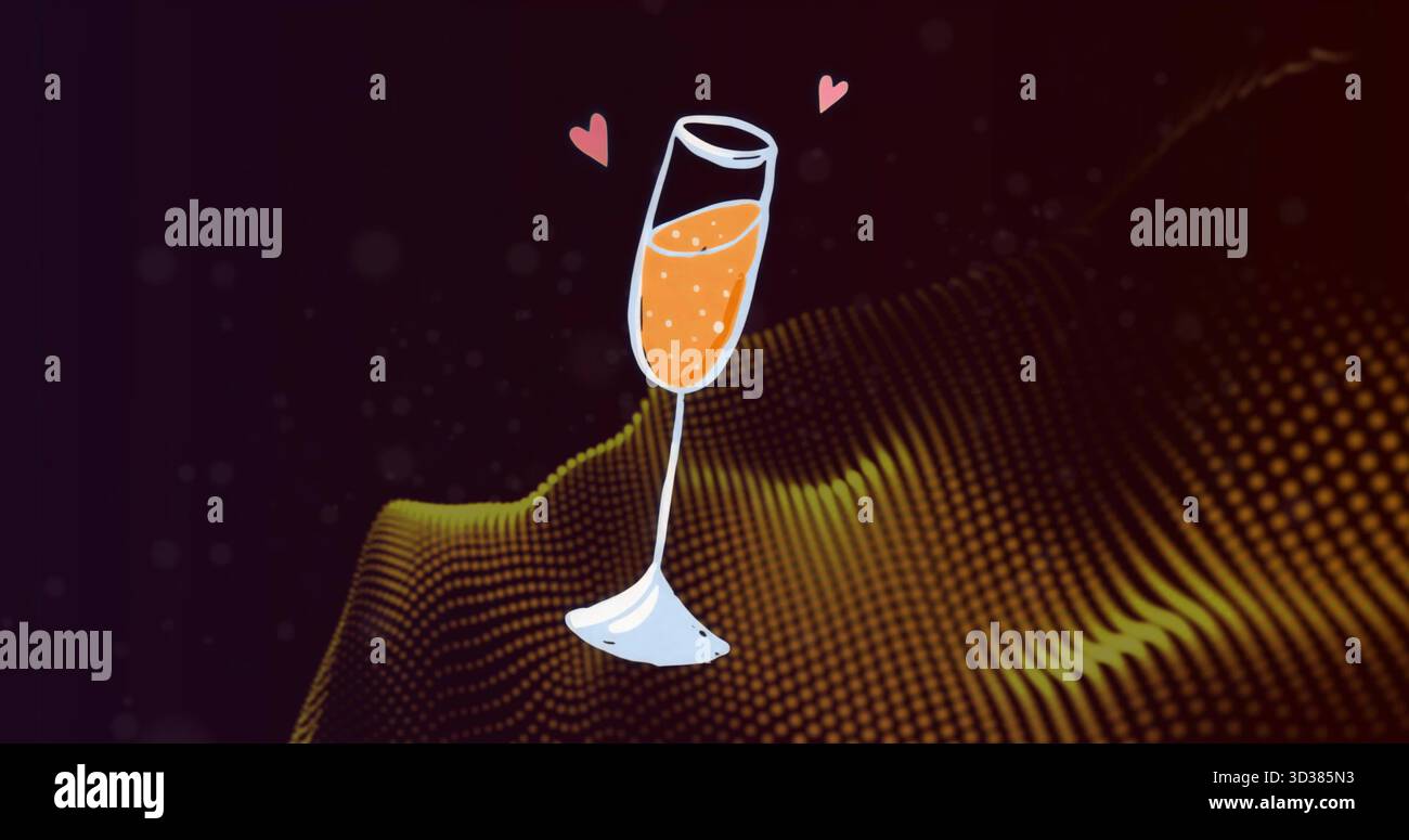 Flûte à champagne flottante dans l'illustration numérique avec des coeurs roses et un champ d'ondes en pointillés jaunes Banque D'Images