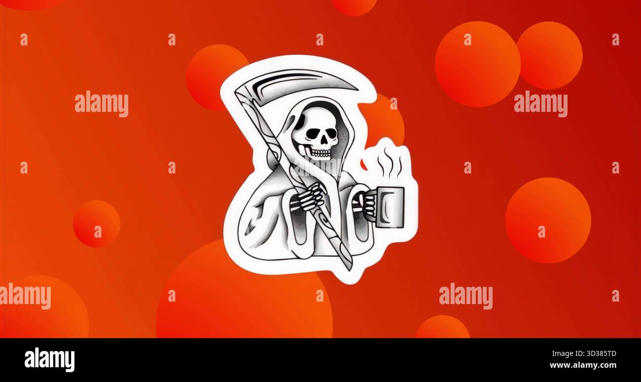 Squelette à capuche saisissant la faux et sirotant un café sur un dégradé rouge-orange avec des points bokeh Banque D'Images