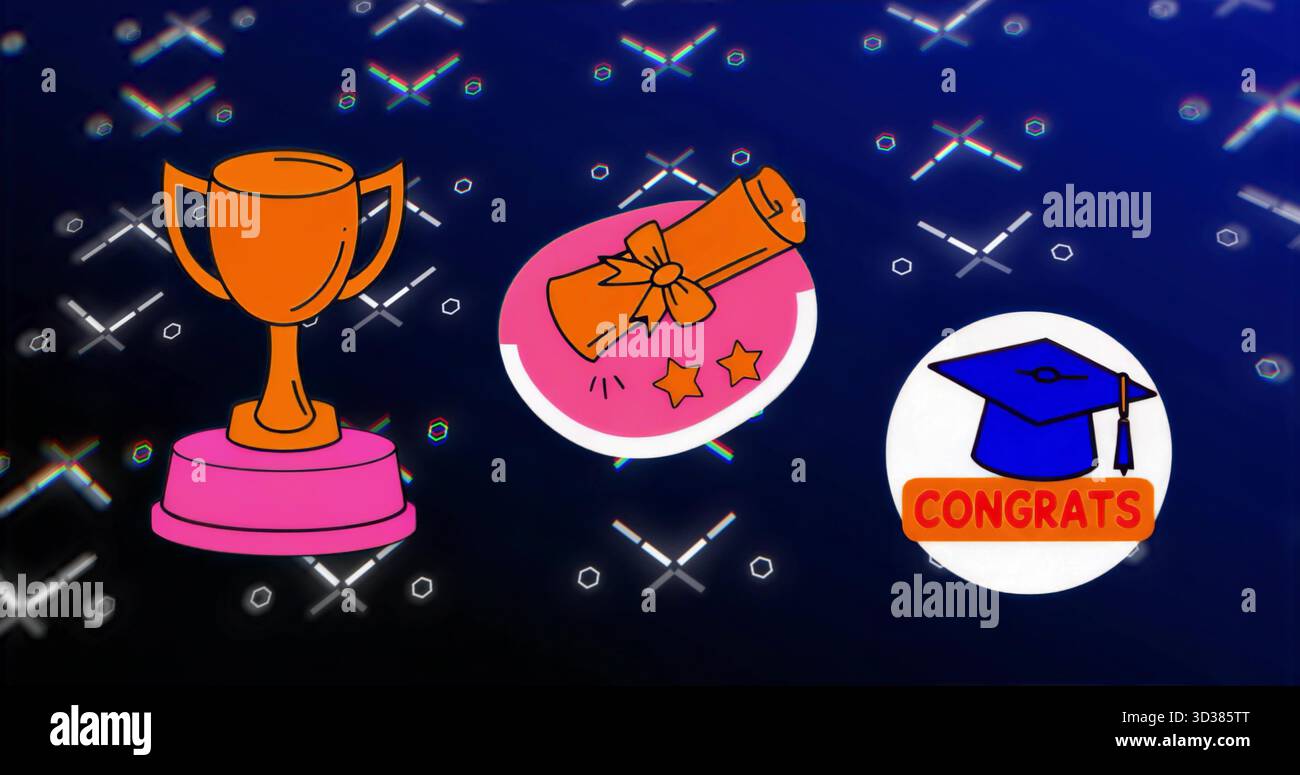 Affichage de trois icônes sur fond bleu foncé avec des formes brillantes, trophée, diplôme et casquette Banque D'Images