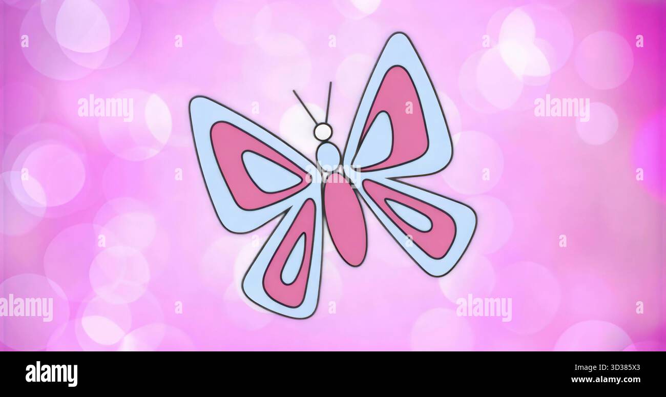 Affichage graphique papillon stylisé sur fond dégradé rose, avec des cercles bokeh pastel Banque D'Images