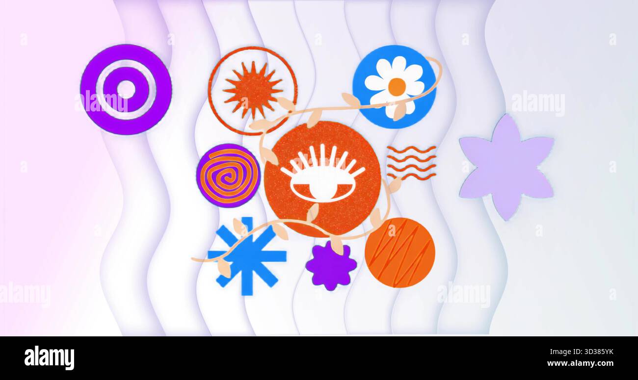 Affichage des formes formant cluster sur fond de ruban pastel, avec oeil orange, Marguerite bleue et vigne Banque D'Images