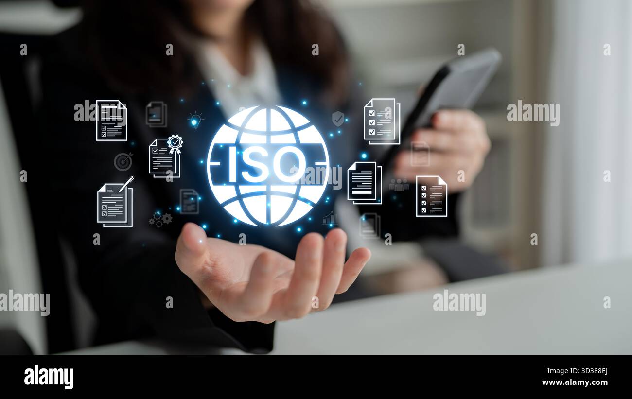 Concept de certification ISO pour la gestion de la qualité des entreprises. Cette norme internationale garantit la conformité, le contrôle des processus et l'assurance pour Banque D'Images