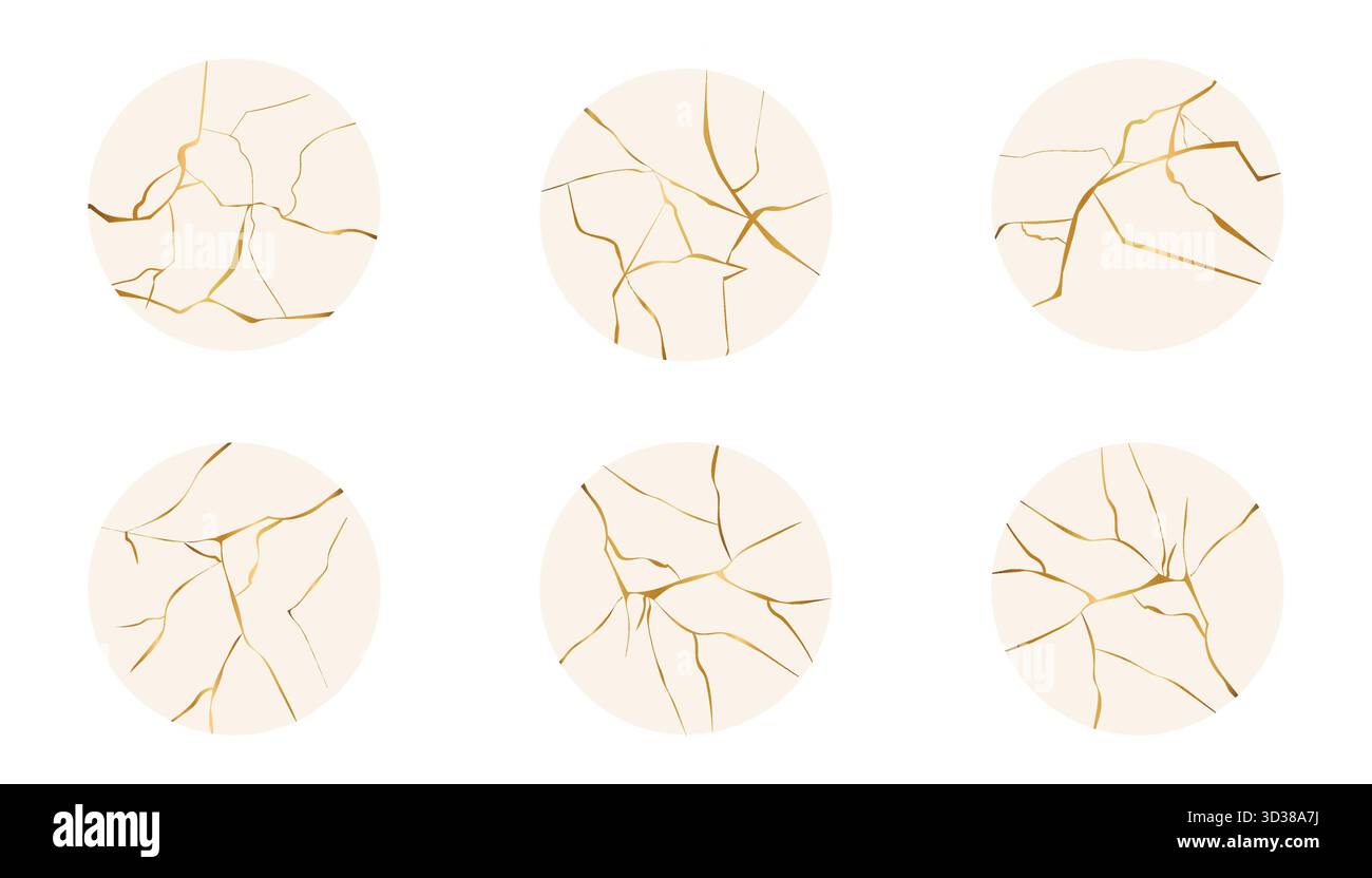 Cercles d'effet Golden Cracks dans le style mosaïque japonais kintsugi set. Pierre de marbre de luxe. Fissures d'or en porcelaine brisée. Texture de marbre. Design de luxe pour carte de mariage, médias sociaux. Illustration vectorielle Illustration de Vecteur
