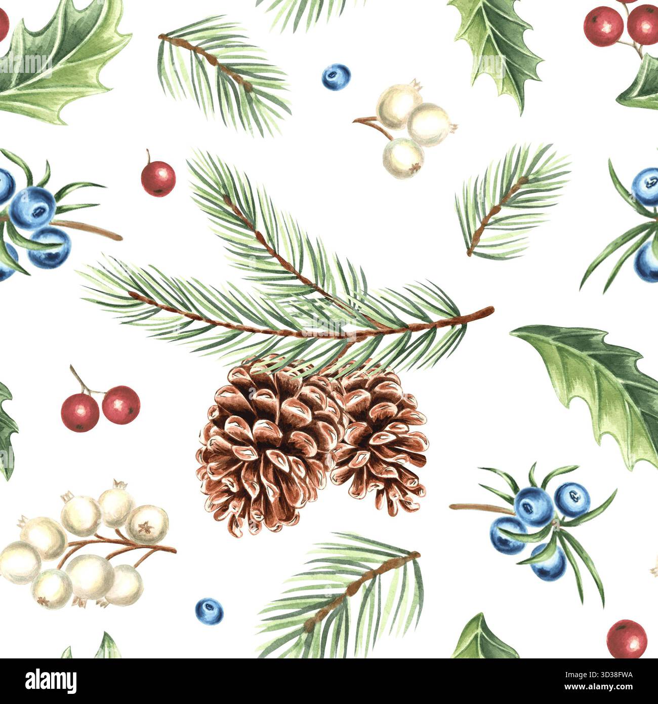 Branches de pin aquarelle avec des cônes et des baies modèle sans couture pour la conception de Noël. Brindilles d'épicéa d'illustration dessinées à la main pour le décor de vacances d'hiver Banque D'Images