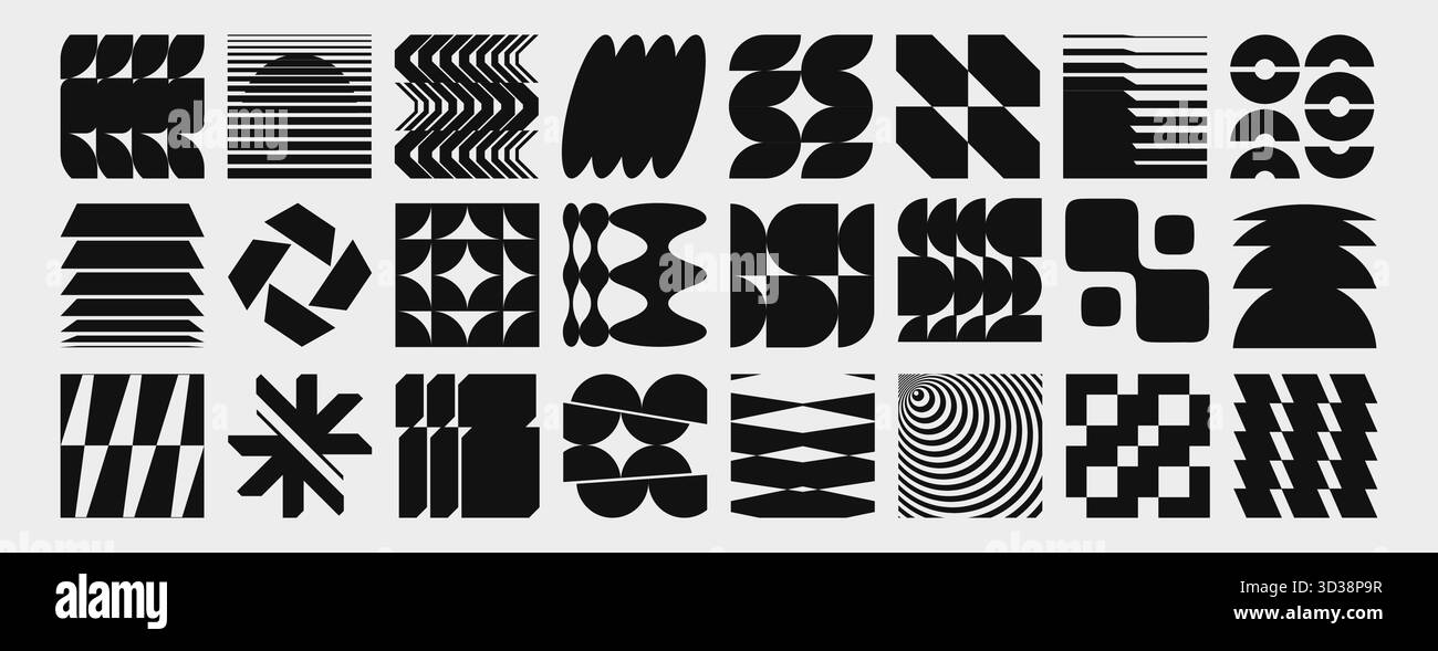 Collection de formes brutaliste y2k avec des éléments géométriques abstraits en noir et blanc. Ensemble vectoriel de cercles et de zigzags, de rayures et de spirales, de lignes ondulées et de formes inspirées du brutalisme pour un design moderne. Illustration de Vecteur