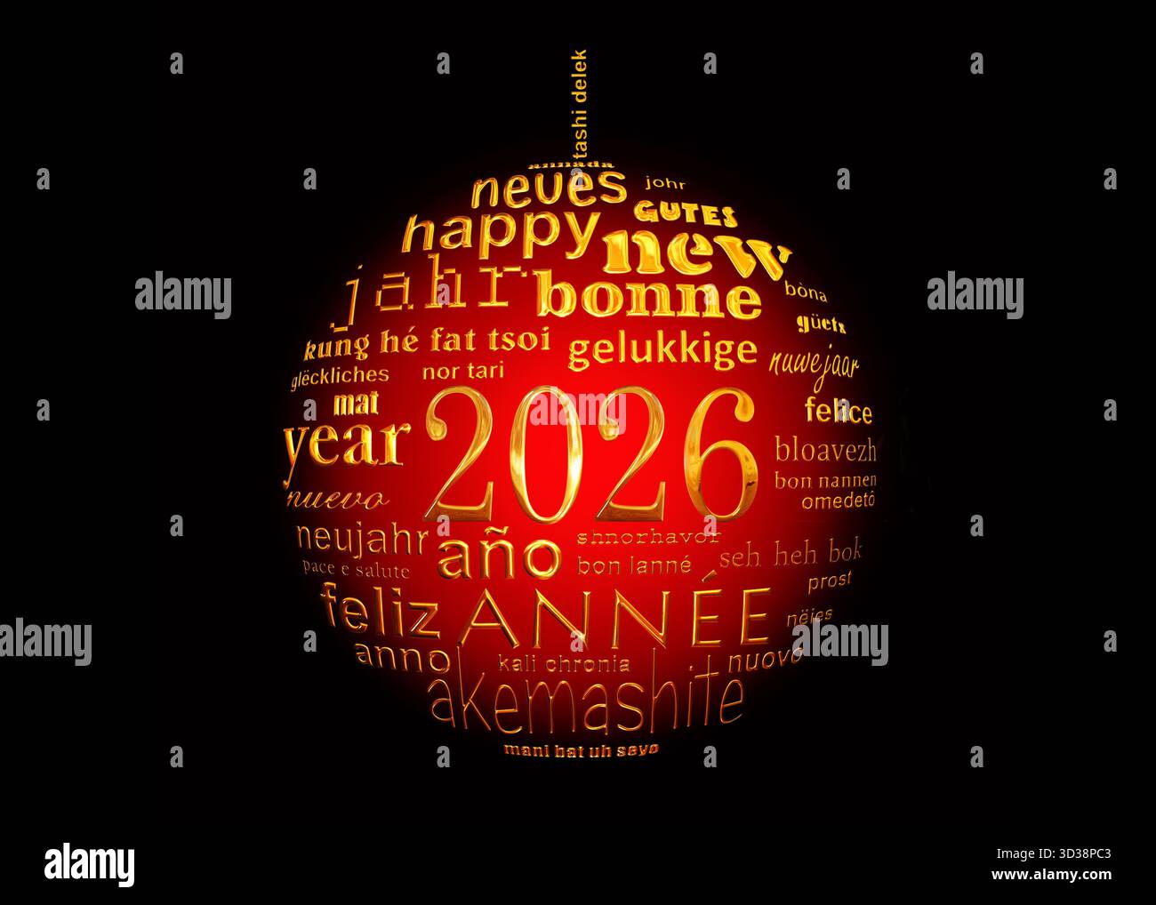 vacances du nouvel an 2026, carte de voeux de nuage de mots de texte doré et rouge multilingue en forme de boule de noël sur fond noir Banque D'Images